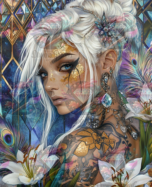 Diamond Painting Goldsplitter und Pfauenfeder ©sandrietta_ai
