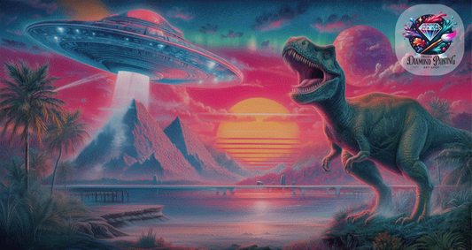 Diamond Painting Aliens & Dinosaurs ©salzkatze.ai - 160x85cm mit 185 Farben