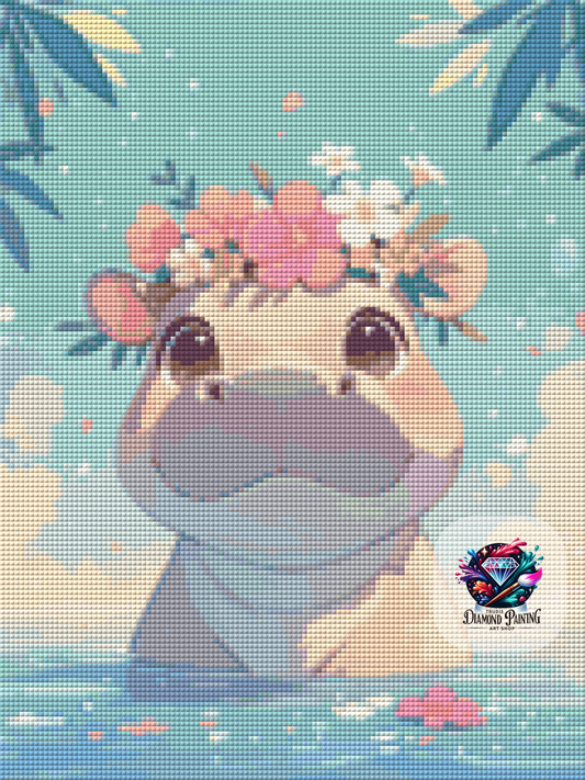 Diamond Painting Flower Crown Animals - Hippo ©salzkatze.ai - 30x40cm mit 50 Farben