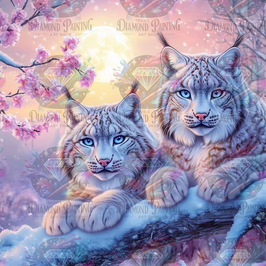 Diamond Painting Luchse zwischen Schnee und Kirschblüte ©traumpixxel
