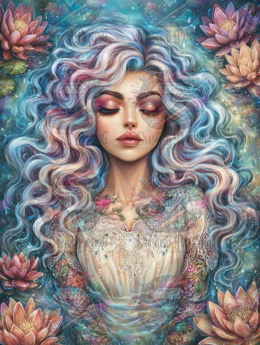 Diamond Painting Die Schlafende im Blütenmeer ©trudis_ai_art